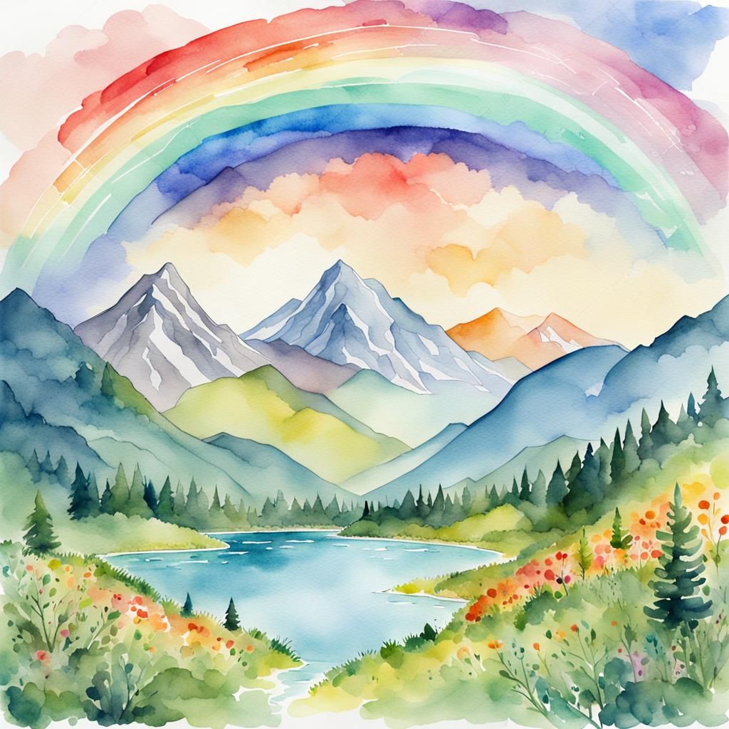 rainbow, mountains, serenity summer, calm, watercolor illust...