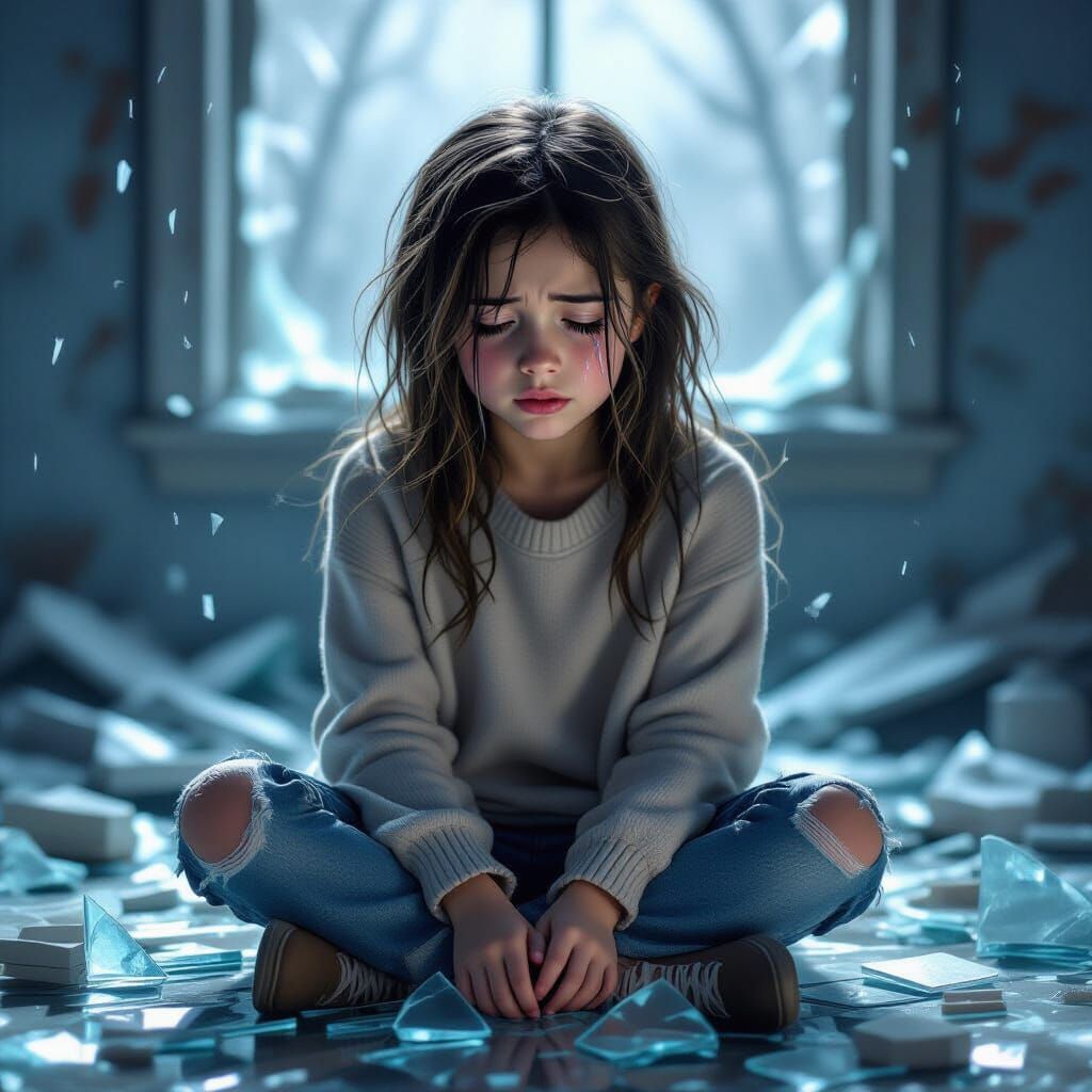 a crying girl in broken glass