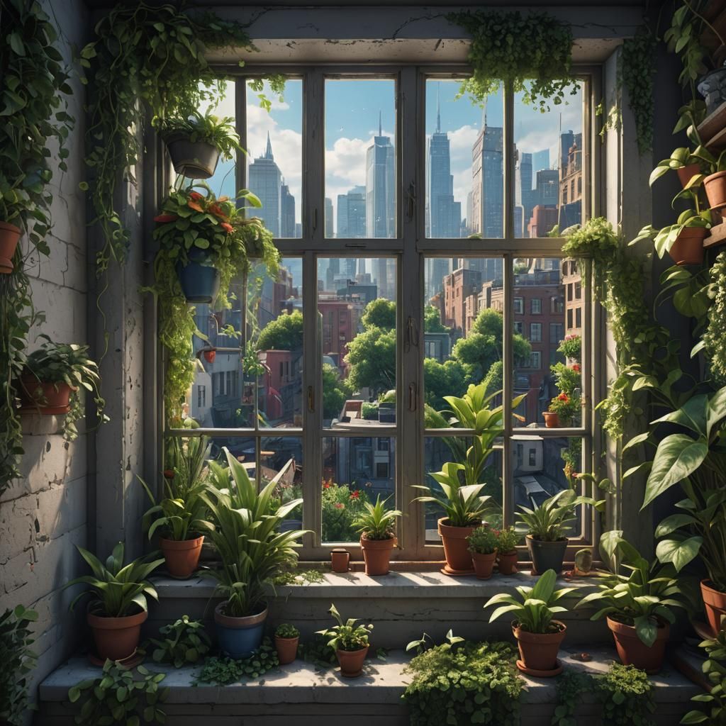 window view of city with lots of plants hyper realistic perf...
