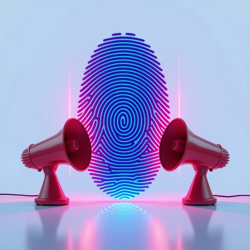 Grande impronta digitale su sfondo bianco con due altoparlanti ti rossi ai lati 