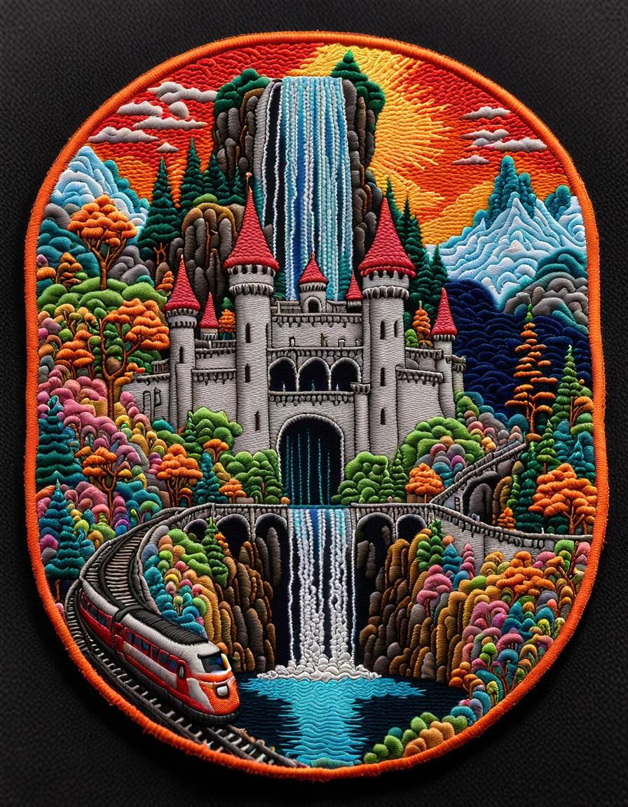 Embroidery patch of a psychedelic  castle with waterfall & train   by @Timmy Contraros
