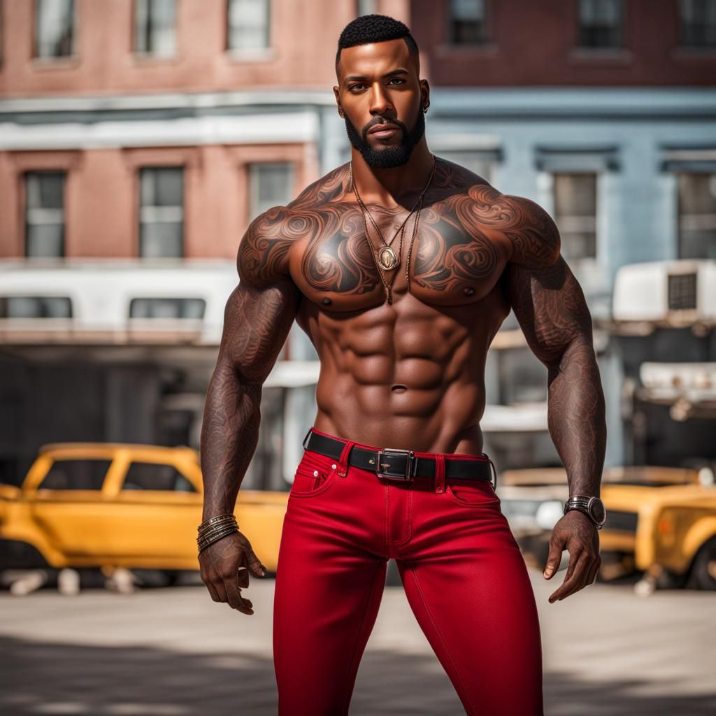 Hyper realistic brownskin male, tattooed, muscular body, wea...