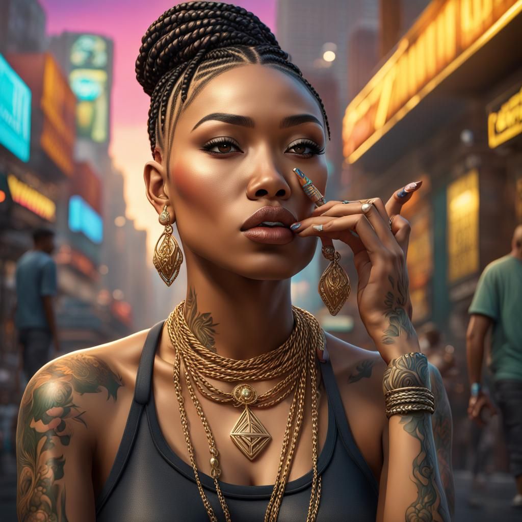 realistic 3d blasian female with braided hair and gold diamo...