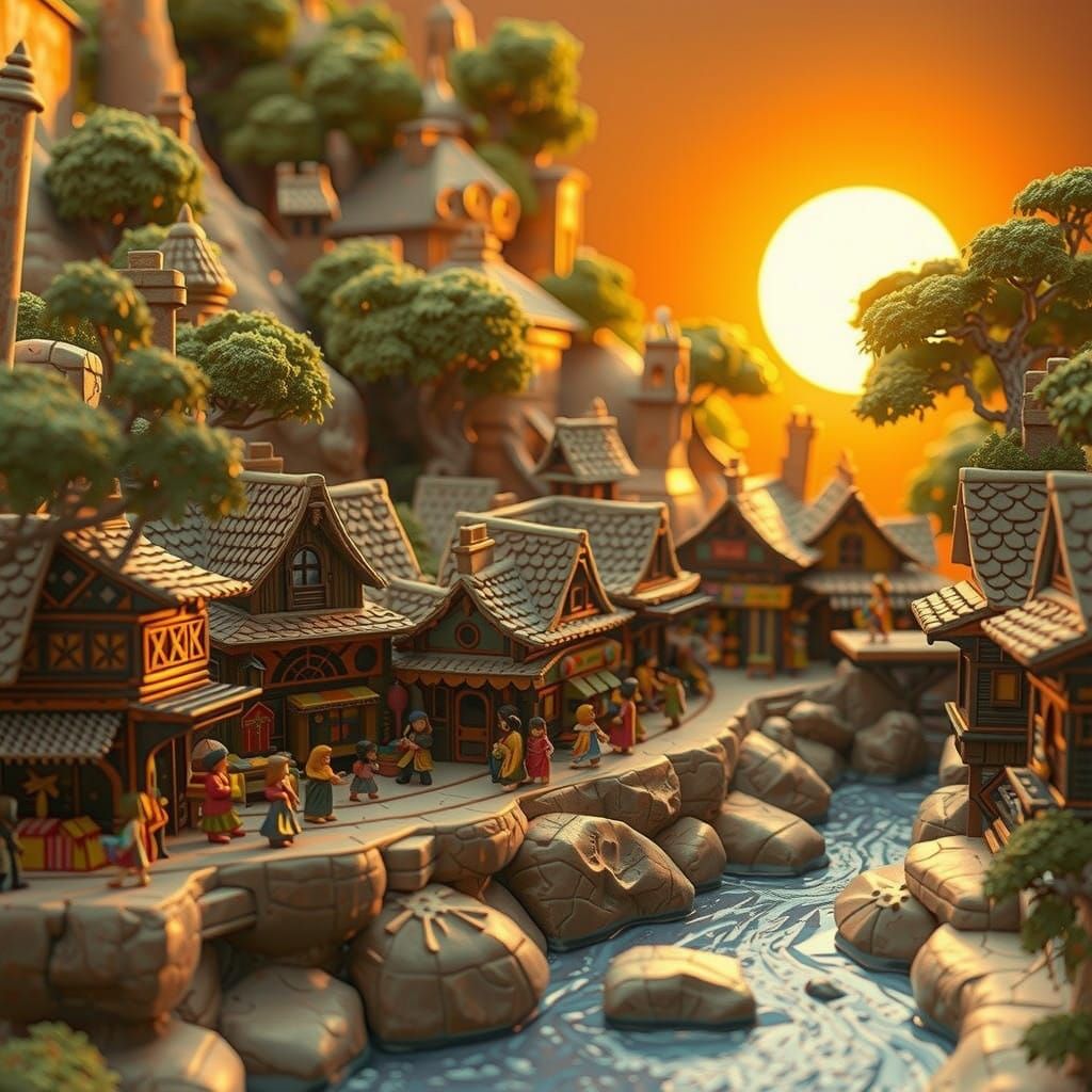 "A mesmerizing close-up of a vibrant artisan village crafted entirely out of clay, with intricate details ...  by @Mr Artist