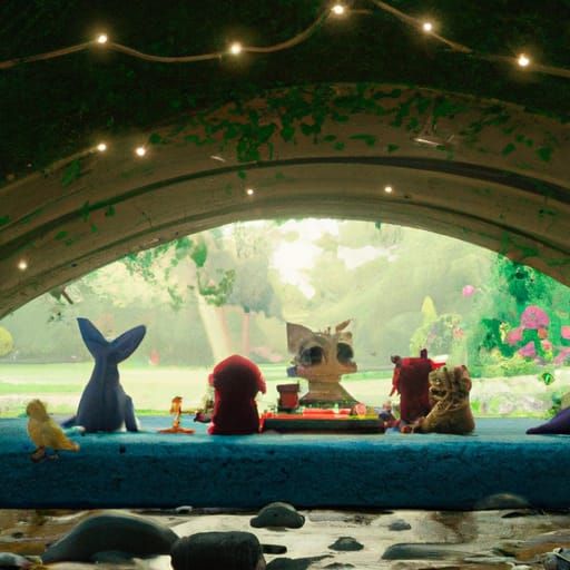 felt animals having a picnic under a bridge