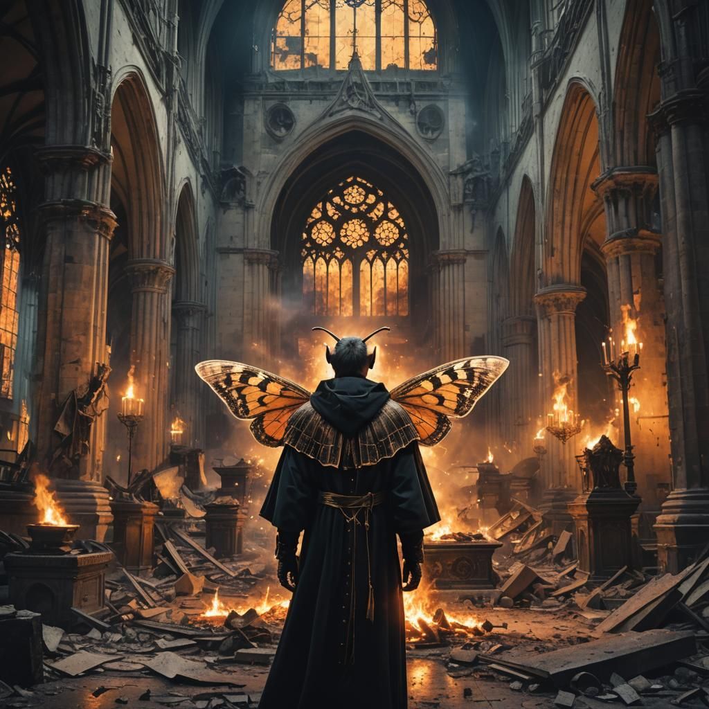 Sinister Moth Archbishop in Burning Cathedral