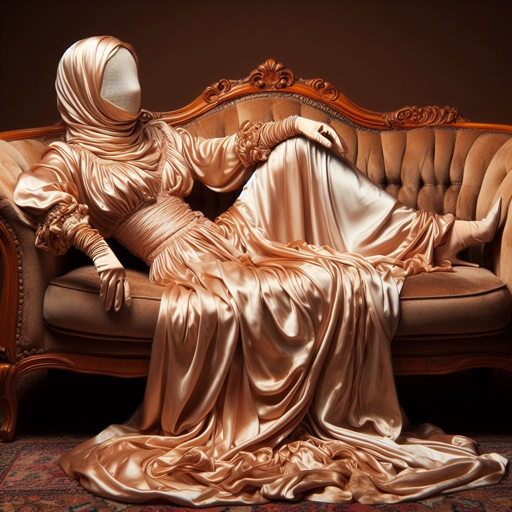 Unwashed Smelly Bedraggled Shabby Dirty Streetworn Ragged Reclining on Satin Chaise Longue Glamorous Intense Headscarf H...