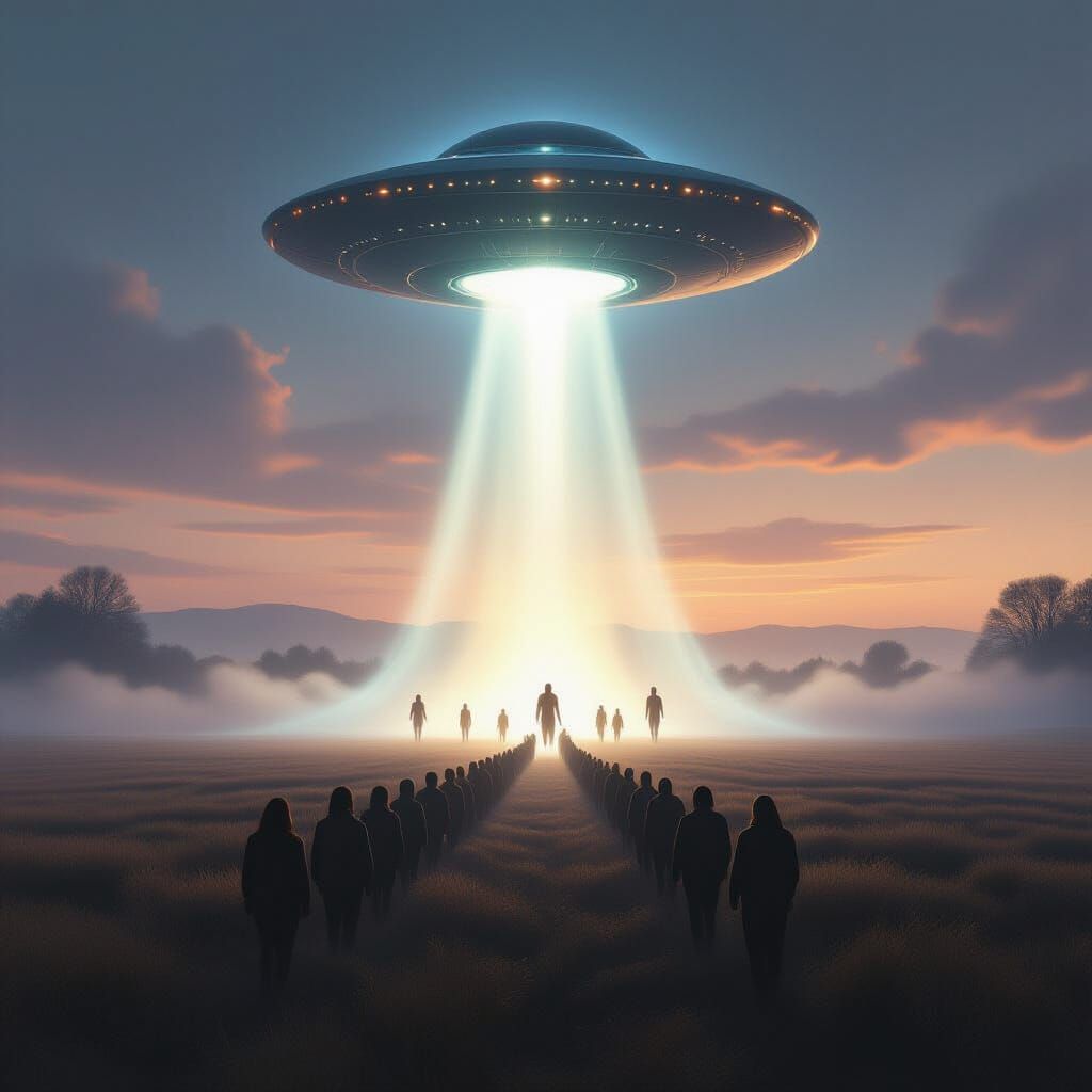A surreal, mystical scene depicting the back view of a long line of humans walking in single file across an expansive, dreamlike field at du...