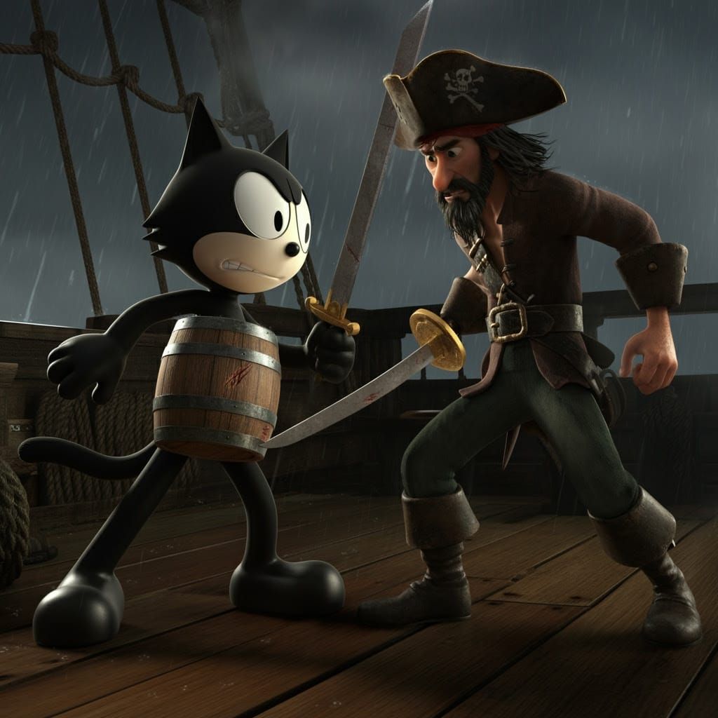 Felix the Cat Battles Pirate in Whiskey Barrel Armor on Stor...