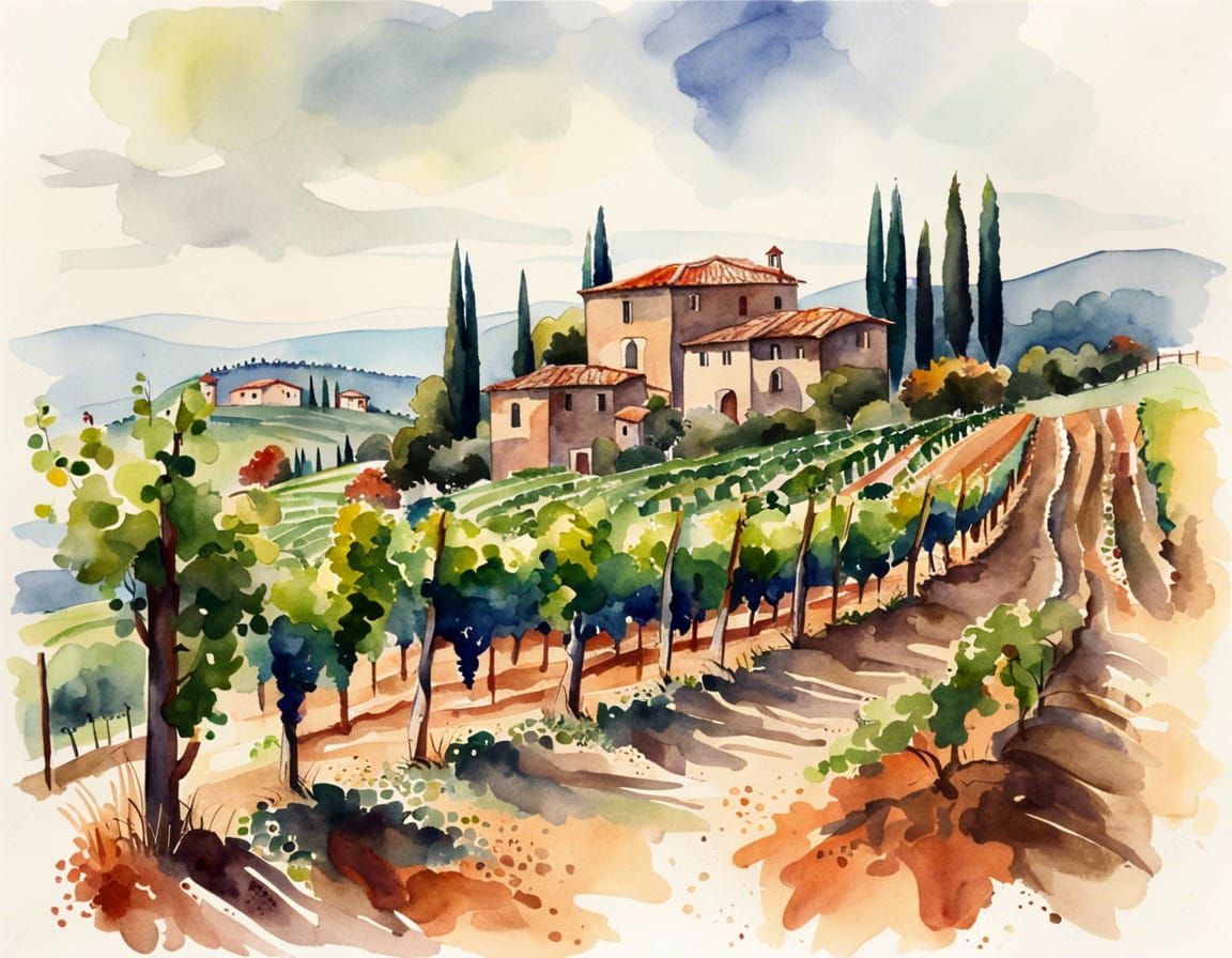 Vineyard Toscana Italian Village watercolor   by @Pastaqueen