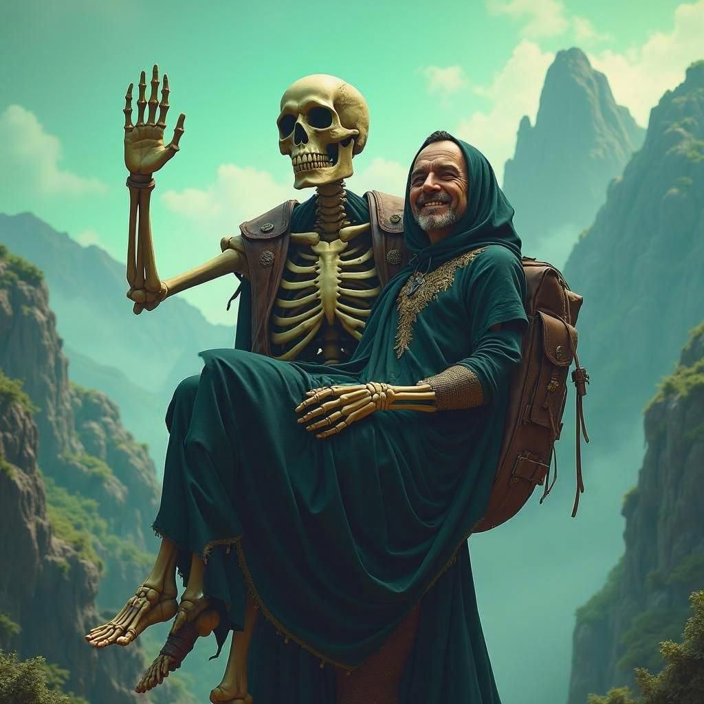 an outdoor scene in the mountains. A human skeleton is wearing a brown leather backpack and is carrying a cloaked man who is legless. The ma...