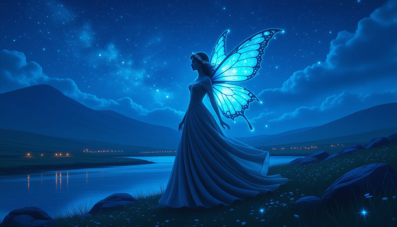 Imagine the country of Ireland as a Fairy of Luminescent Glowing Shimmering, Dancing, Dark Moody Atmospheric, starry night. She is highly in...