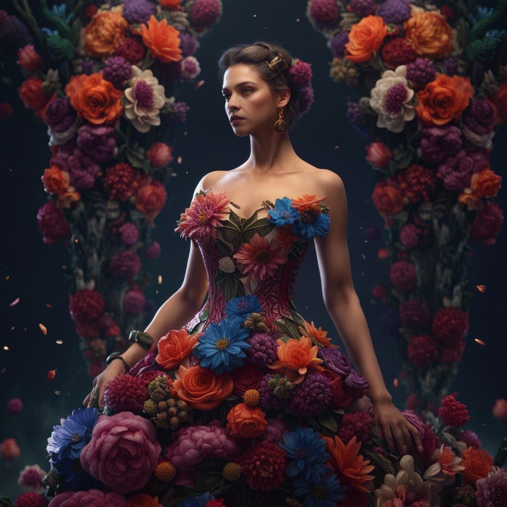 A woman wear dress Inspired by Flowers , Realstic high 16k  by @Joumena555