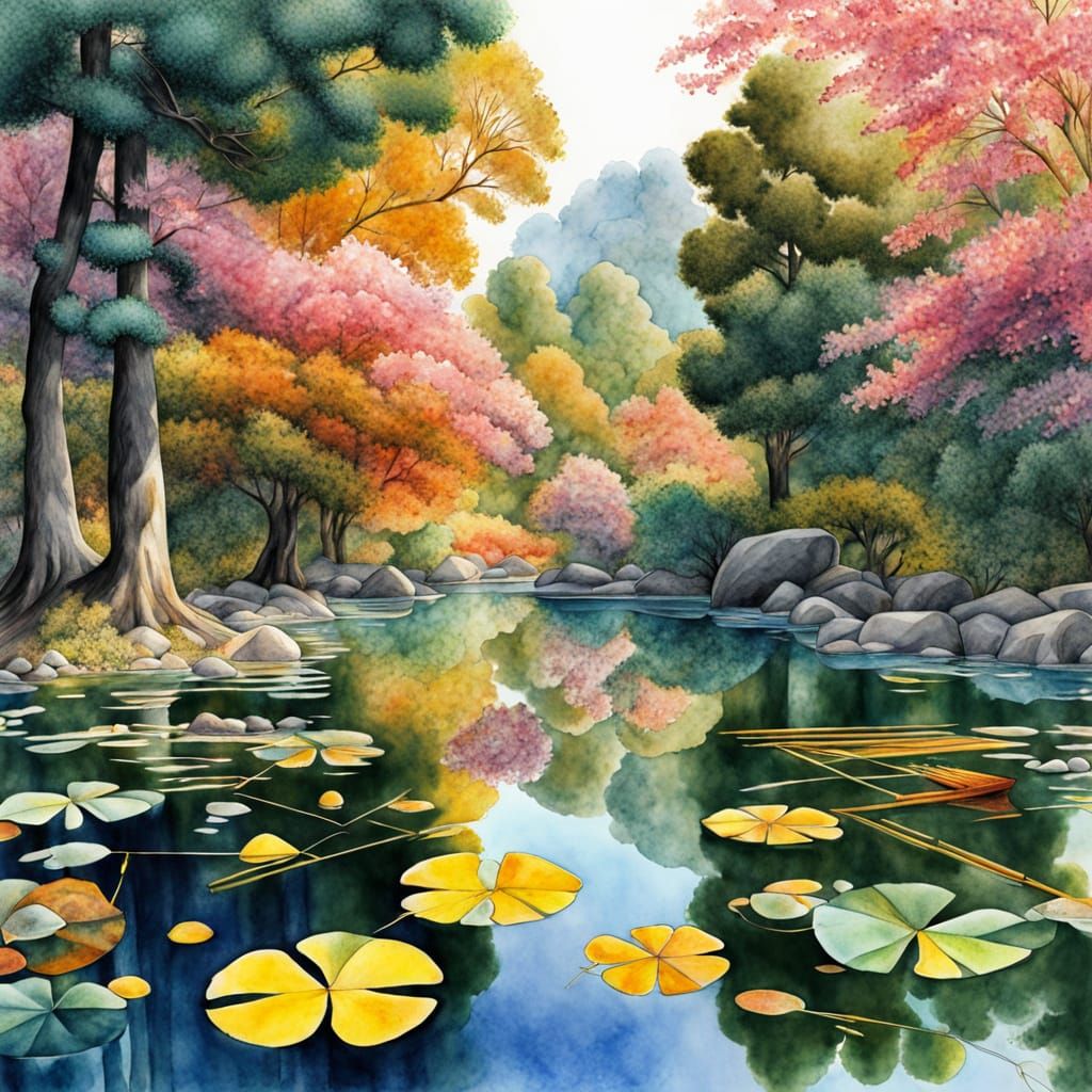 surreal landscape where geometric patterns and abstract shapes melt each other