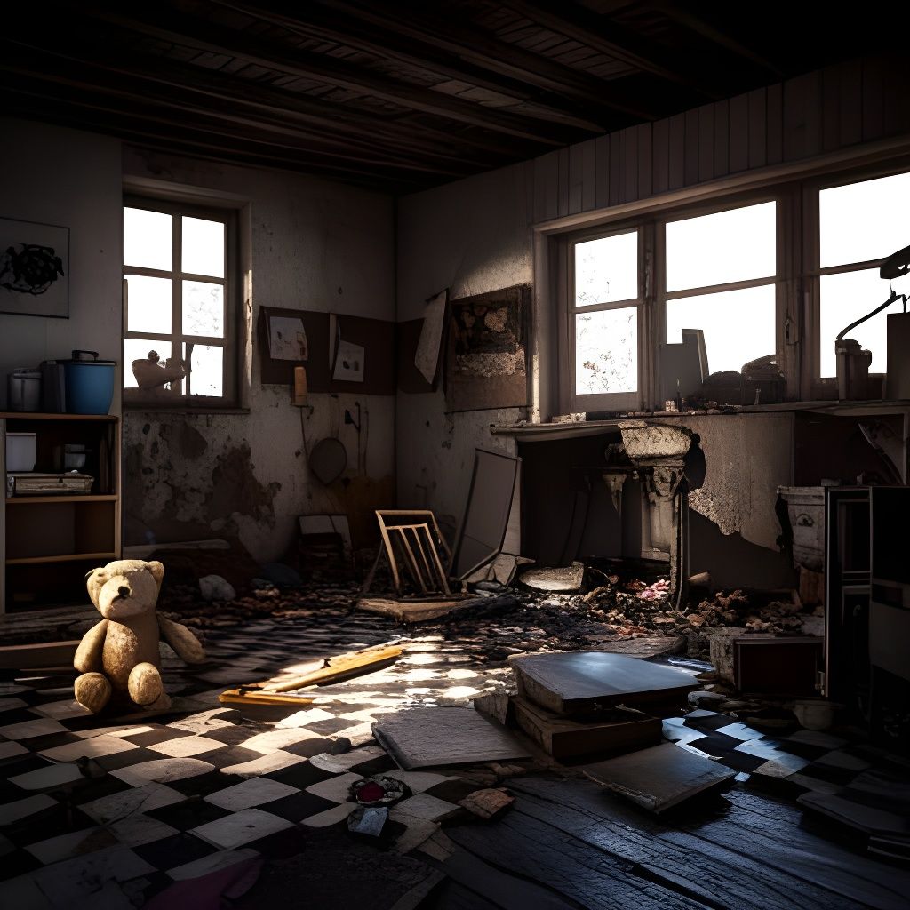 A building in ruins, old teddy bears, toys with vivid colours, kitchen utensils, old paintings on walls, ...  by @Silken