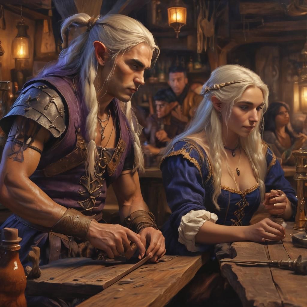 Fantasy Tavern Scene with Goliath Barbarian, Oil Painting
