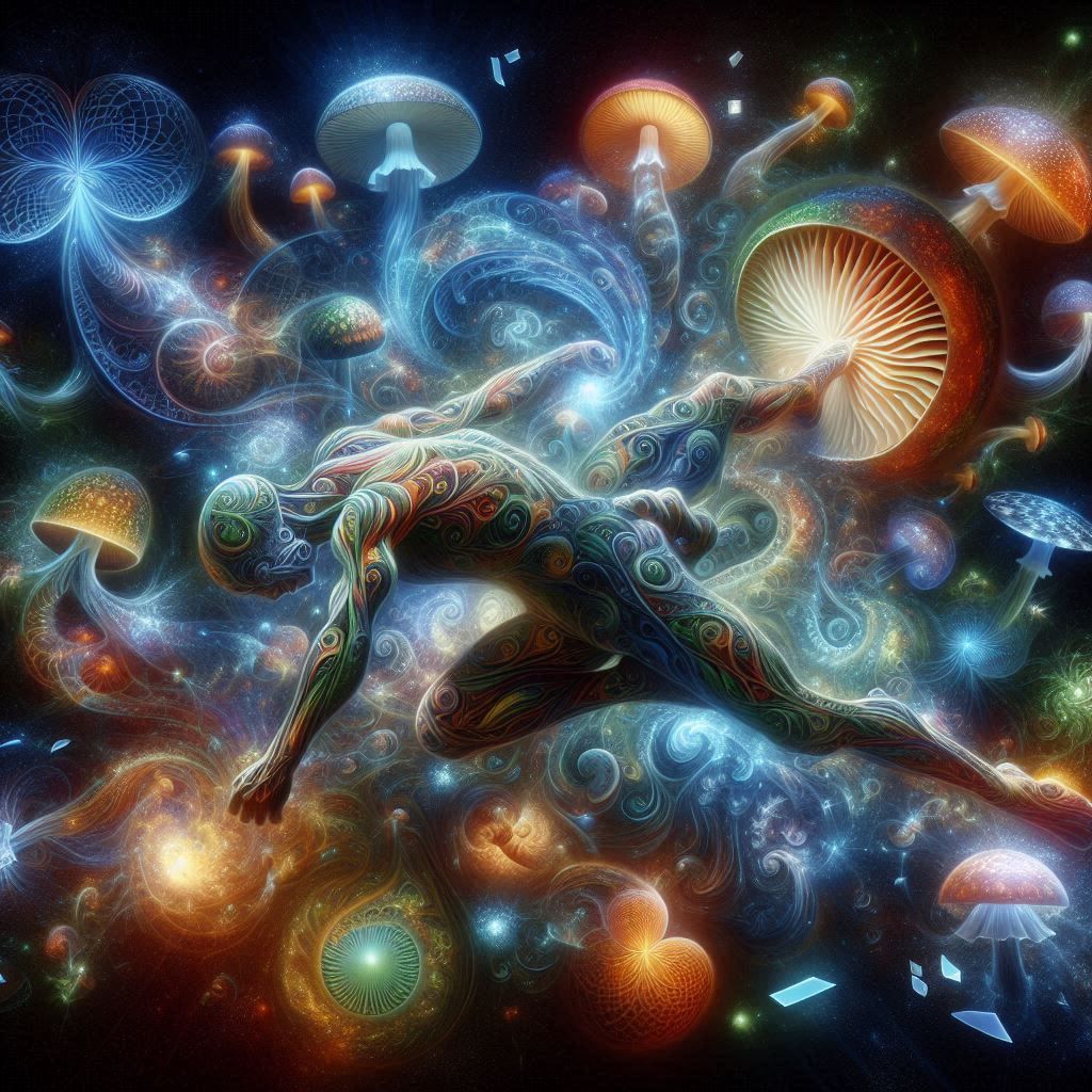 Crazy Mushrooms Wrestling, surrounded by a Labyrinth of light