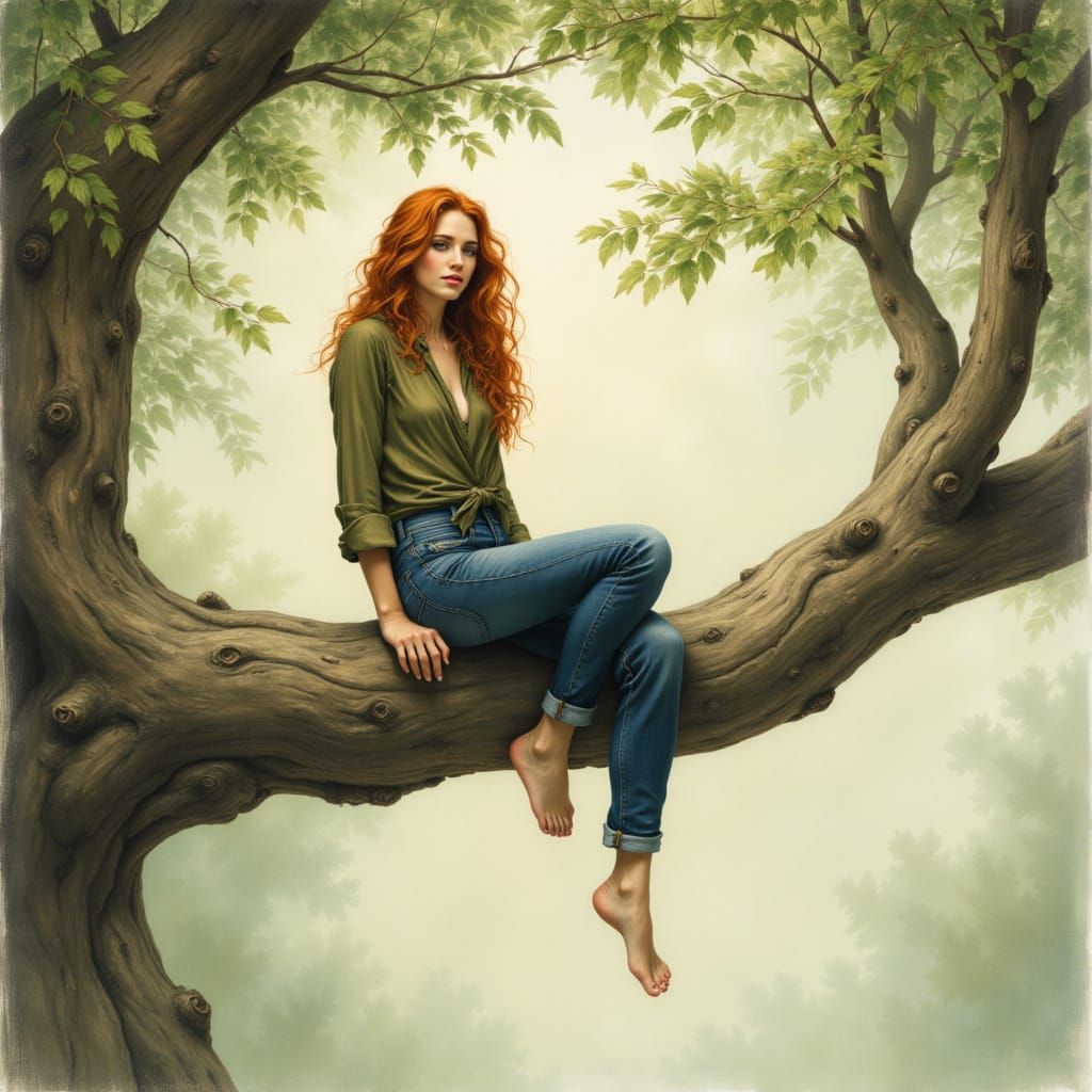 Woman Relaxing on Tree Branch in Ethereal Art Nouveau Style