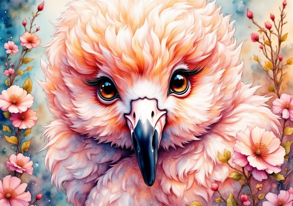 <lora:MrsH Watercolor:1.0>  portrait of cute small flamingo with large adorable expressive eyes, long eyelashes,  hyperdetailed and highly i...