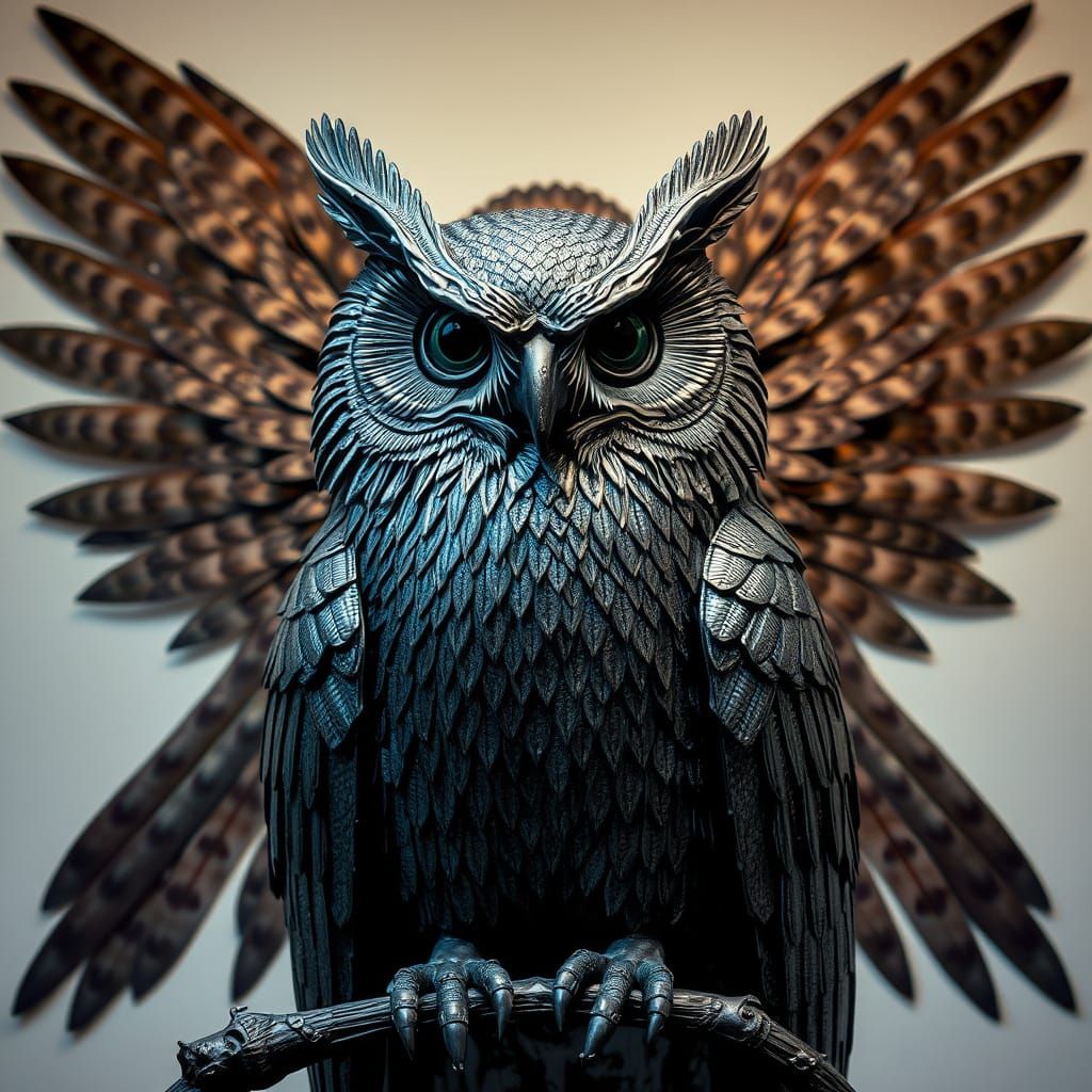 Surreal Iron Owl Sculpture in Dark, Biomechanical Style