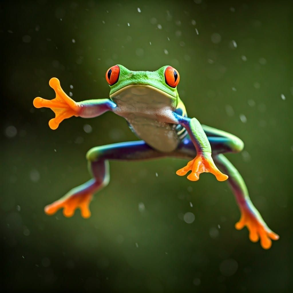 A very realistic tree frog mid leap highly detailed photo realistic frog caught in the air in the middle ...  by @Make me