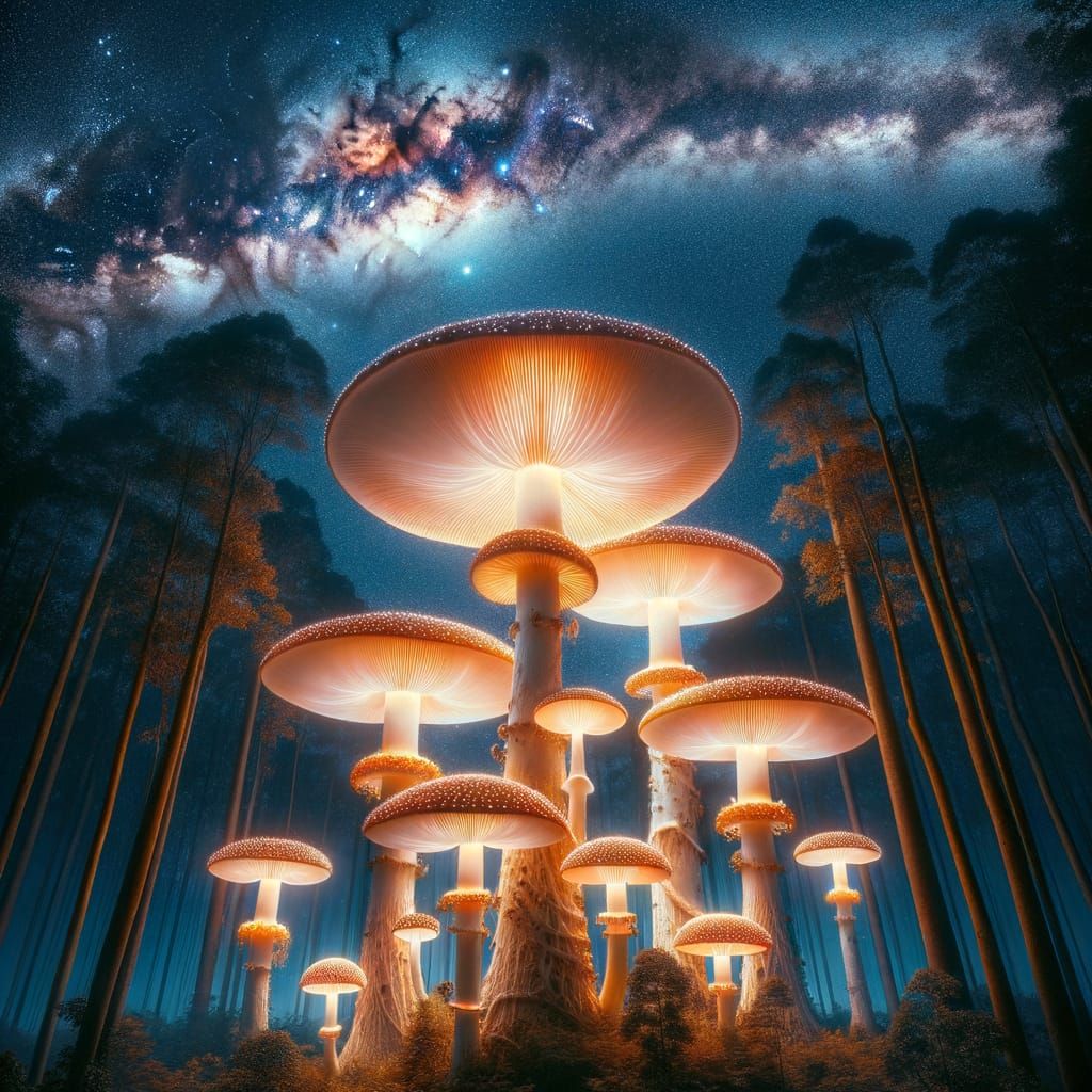 Giant phosphorescent mushrooms forest