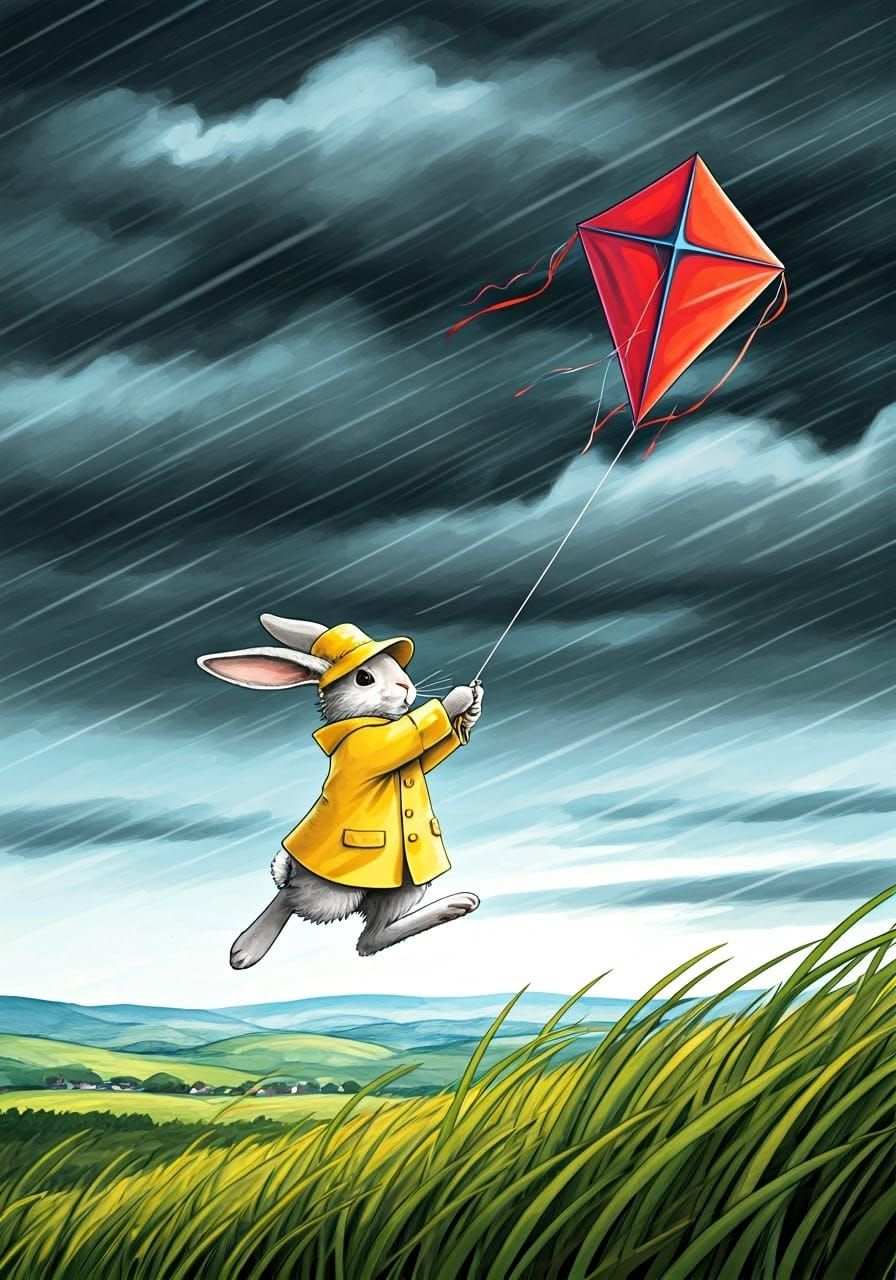 A rabbit is caught up and away with its kite in a strong windstorm.  by @Autumn