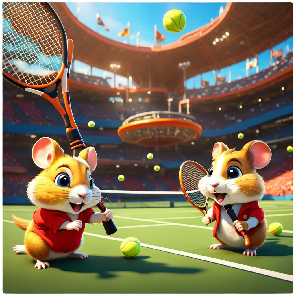Cute adorable Hamsters  playing Tennis in Looney Toons Stadi...