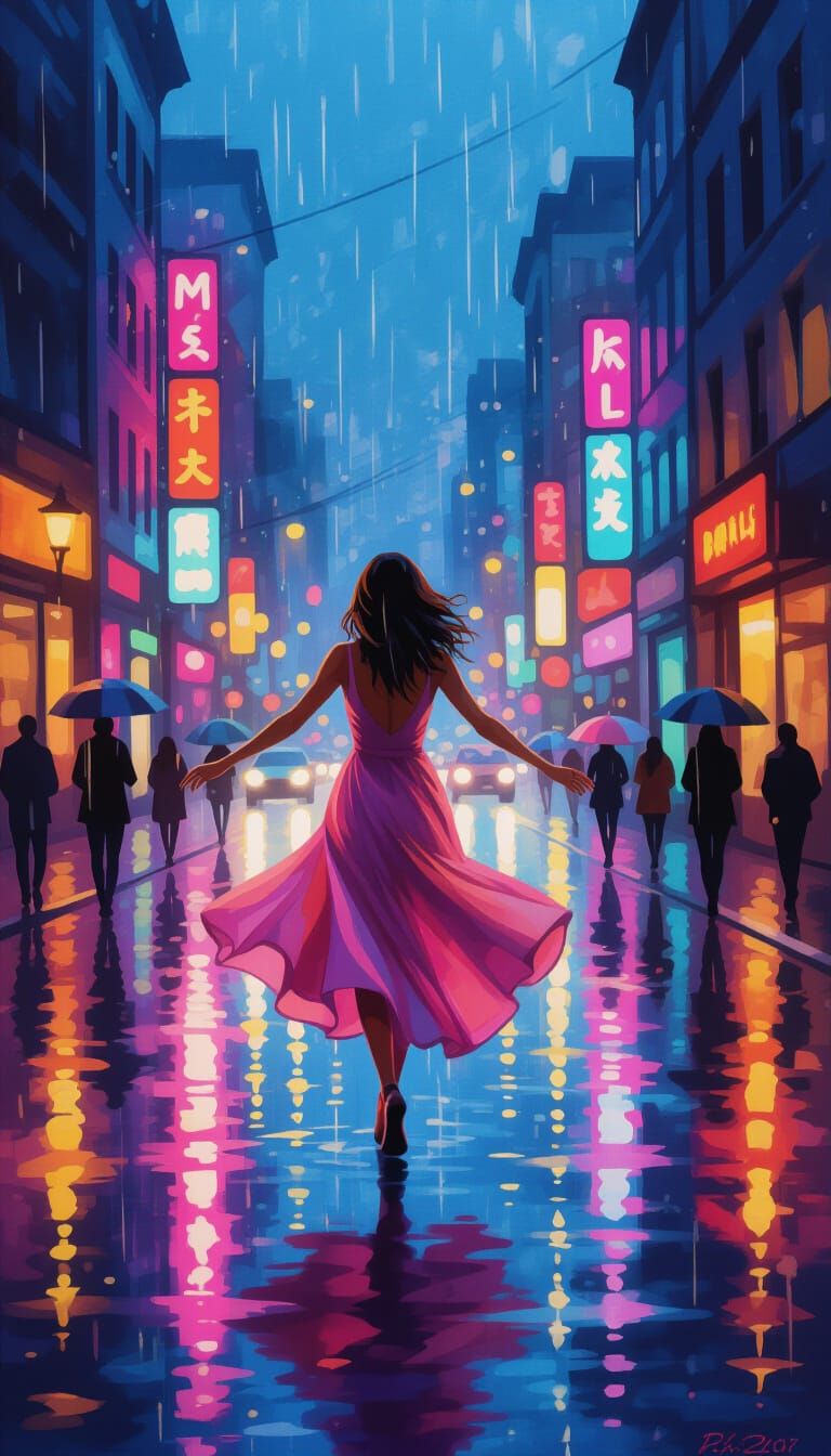 Woman Dancing in Neon Rain, Impressionistic Cityscape