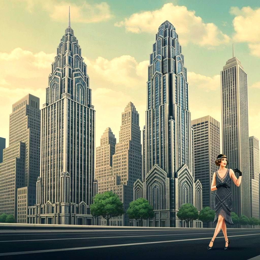 Imagine a sophisticated art deco cityscape, where towering skyscrapers are adorned with intricate geometric patterns and shimmering metallic...