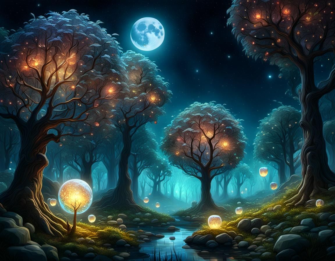 Crystal Forest at Night: Magical Fantasy Art