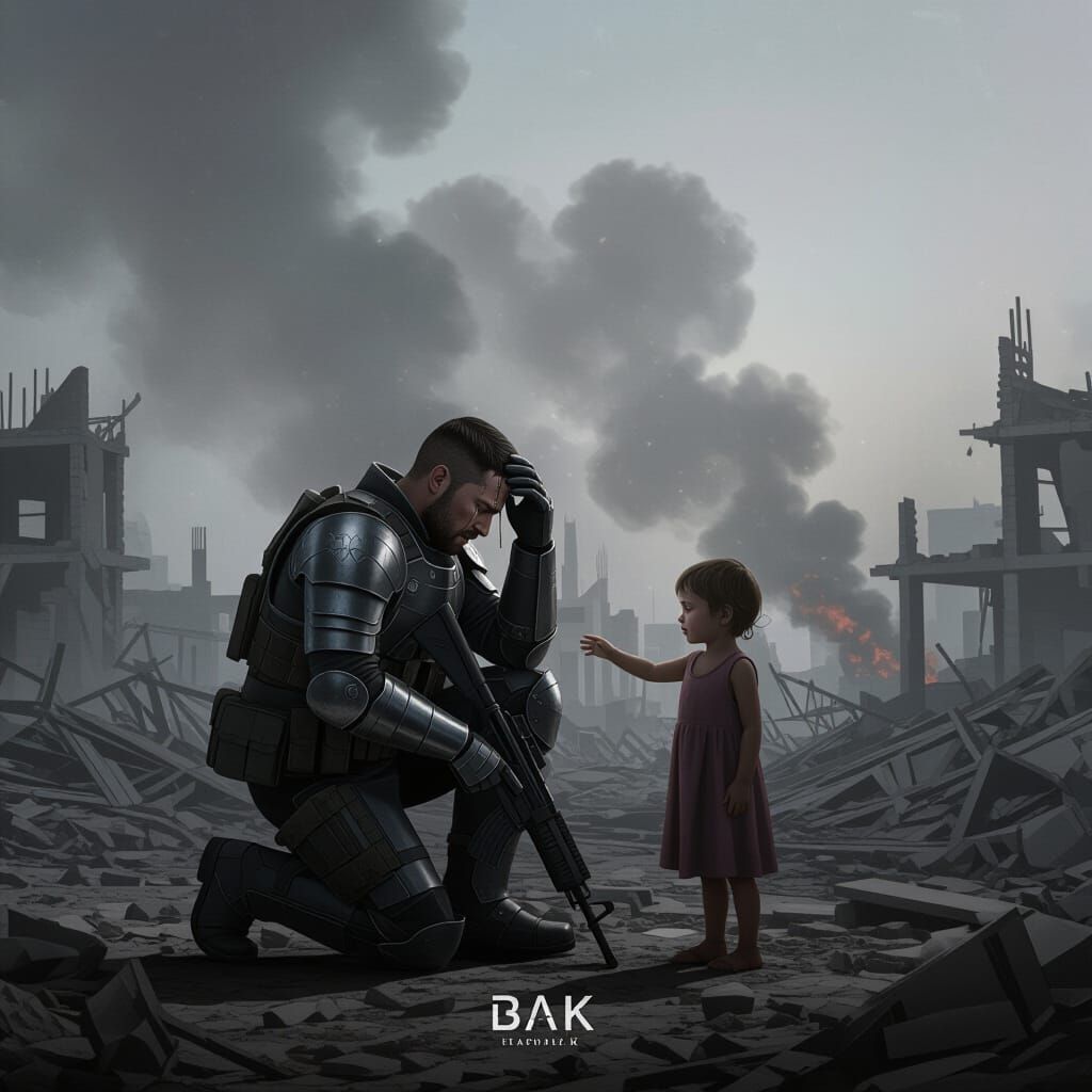 War's End: Soldier Weeps as Child Offers Solace in Ruins