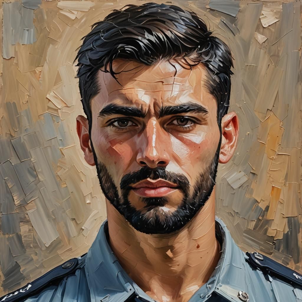 Impressionist painting. A serious policeman with a beard wea...