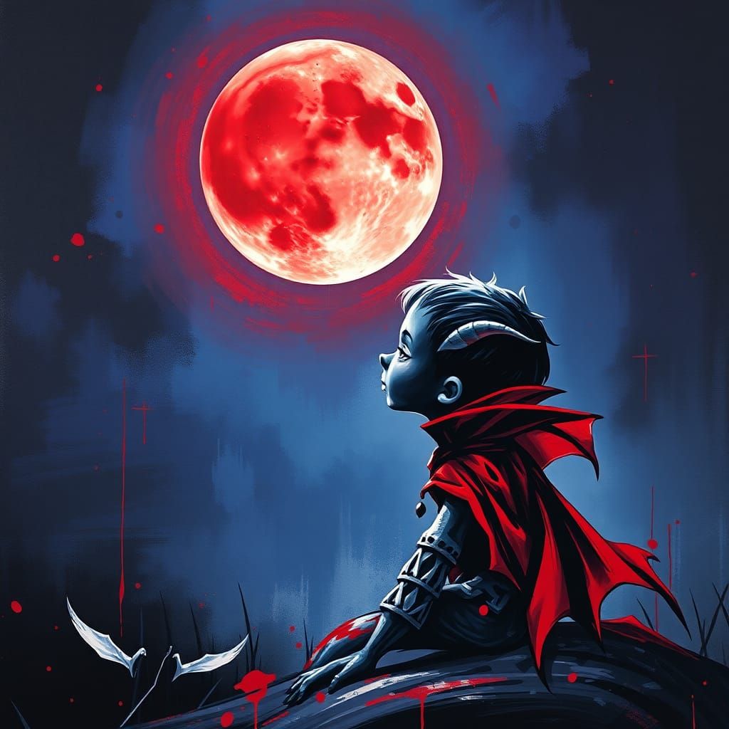 A cute baby Dracula staring at a full blood moon for the first time. graffiti art, splash art, street ...  by @Mr Classics