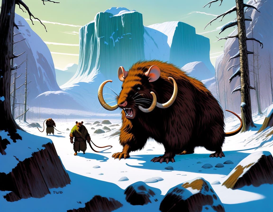 giant hulking (Mouse: 1,5), with tusks, long brown woolly furr and big as Mammoth, dynamic moment with ice age hunters, epic scenery 