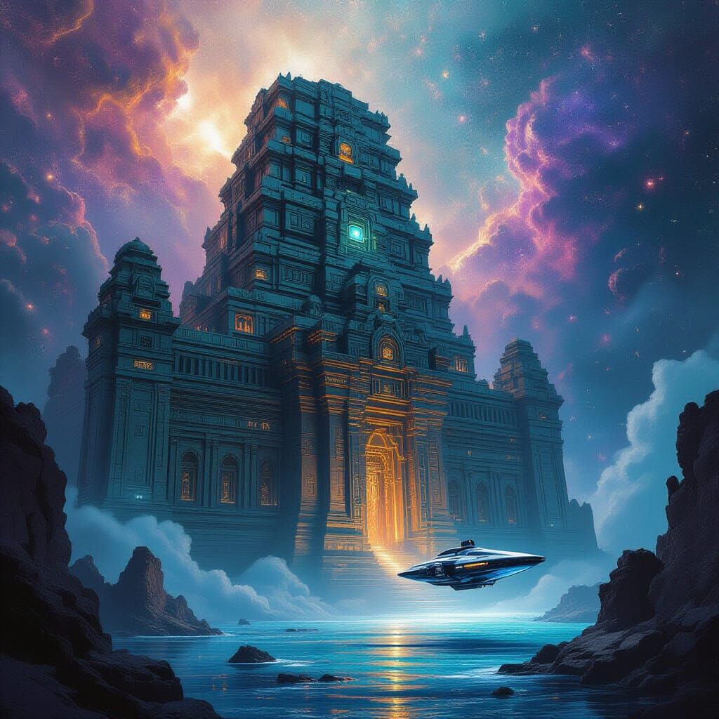 A colossal, ancient temple partially submerged in a nebulae-filled cosmic ocean, its stone structures adorned with glowing, intricate circui...