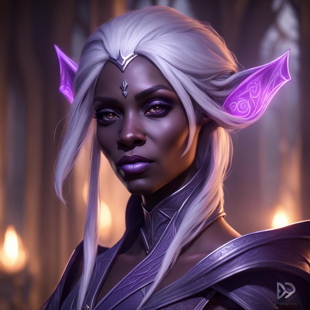 Purple female drow wizard portrait