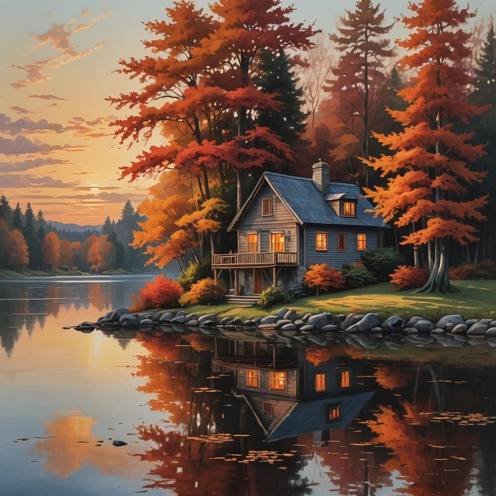 hyperrealism, a beautiful autumn day, bright orange and red leaves in the trees, sunset over a lake, most beautiful scenery, a small cottage...