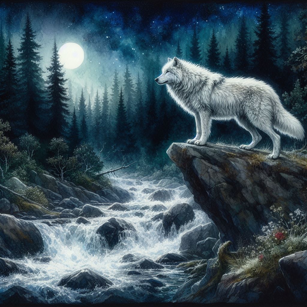 Exploring white wolf in the night