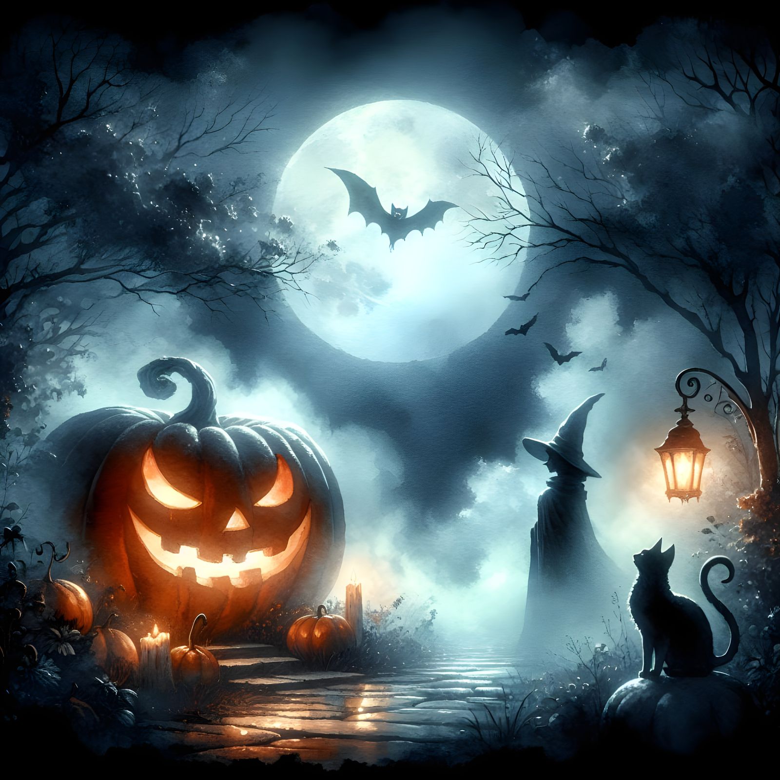 A large jack o lantern, black cat, witch, a flying bat, in the style of a water colour, in the style ...  by @Irene