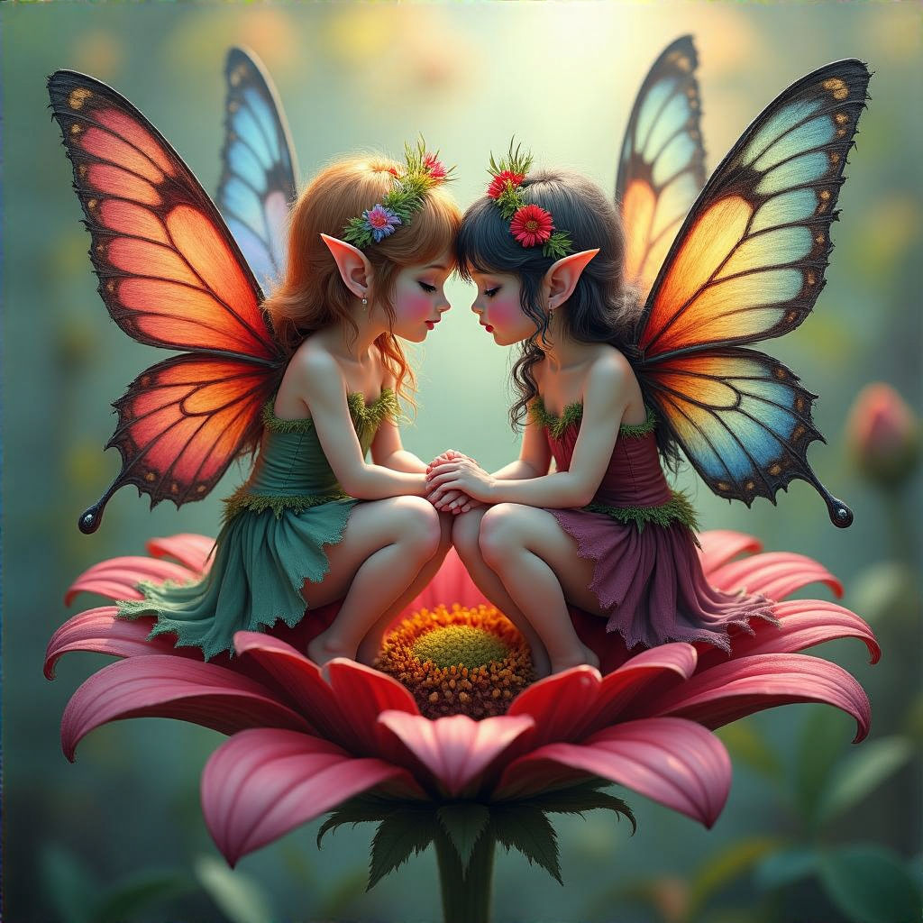 Two cute fairies sitting in a flower