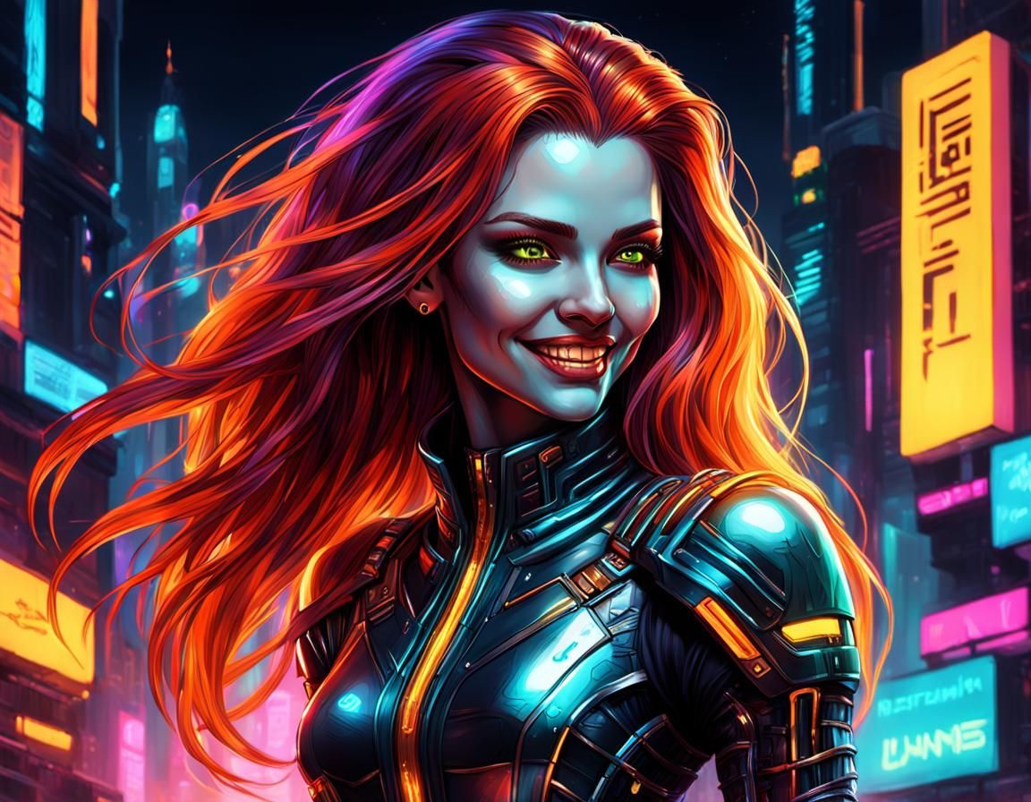 A stunning illustration of a cyberpunk vampire woman. The va...