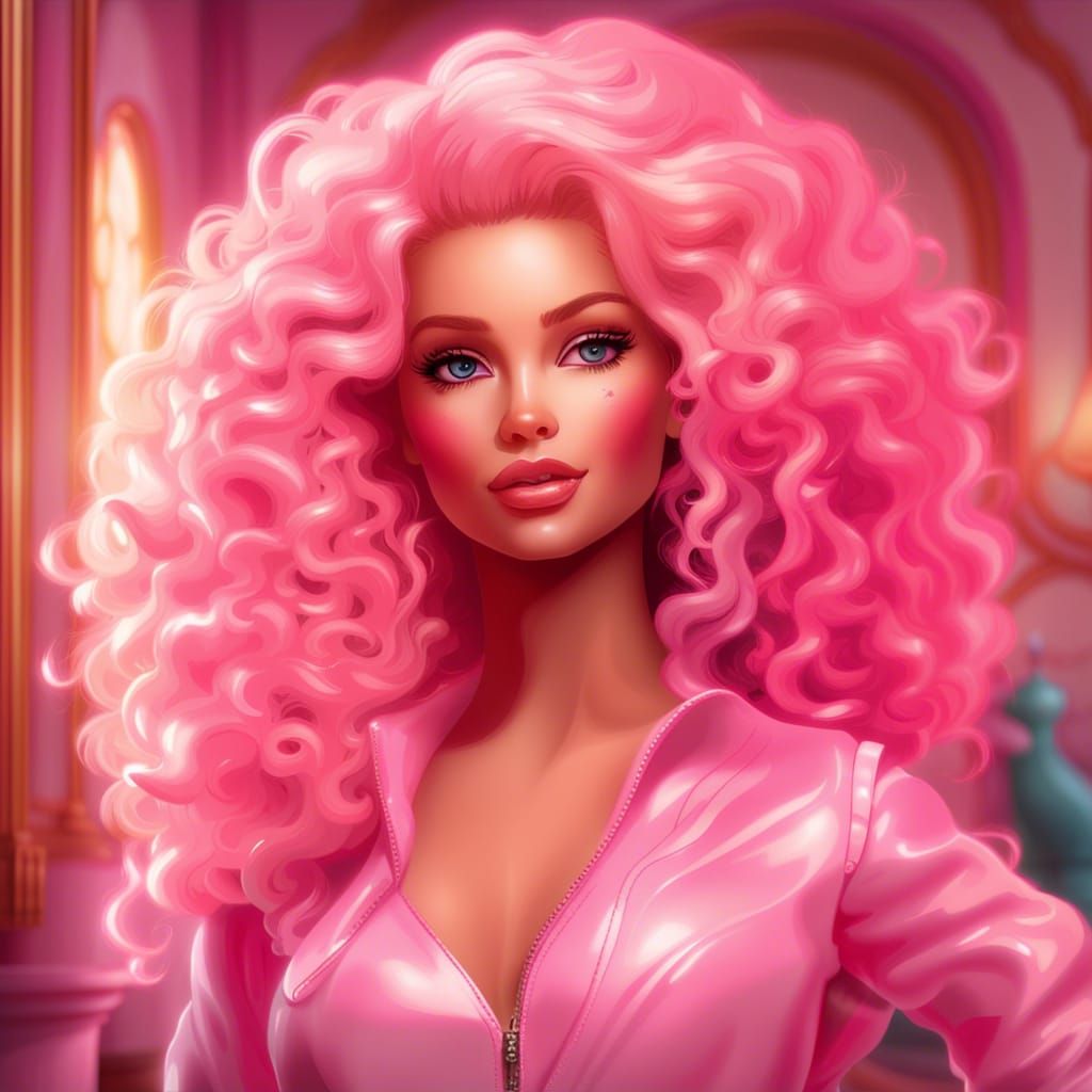 Barbie with curly big hair in her pink mansion barbie doll house portrait, 8k resolution concept art portrait Artgerm, W...