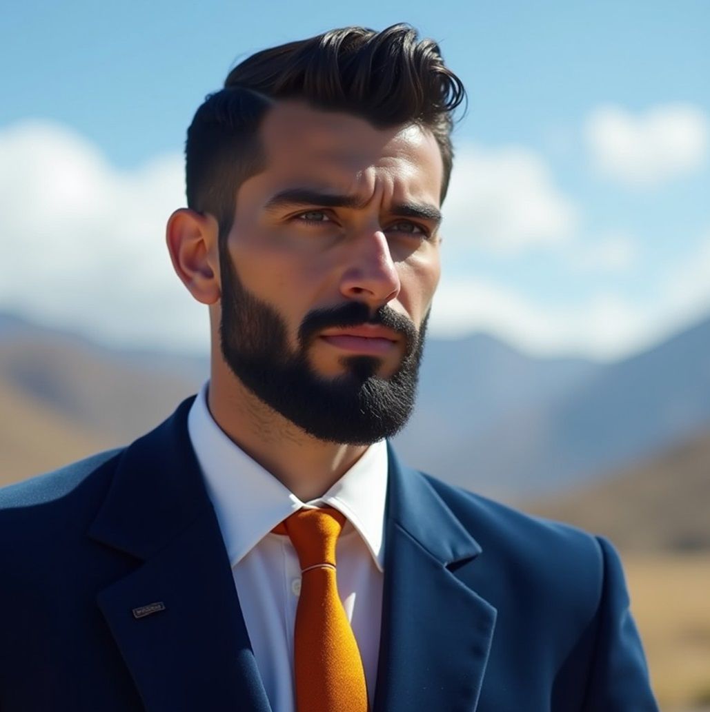 A handsome man  with excellent black beard wearing  a  soft ...