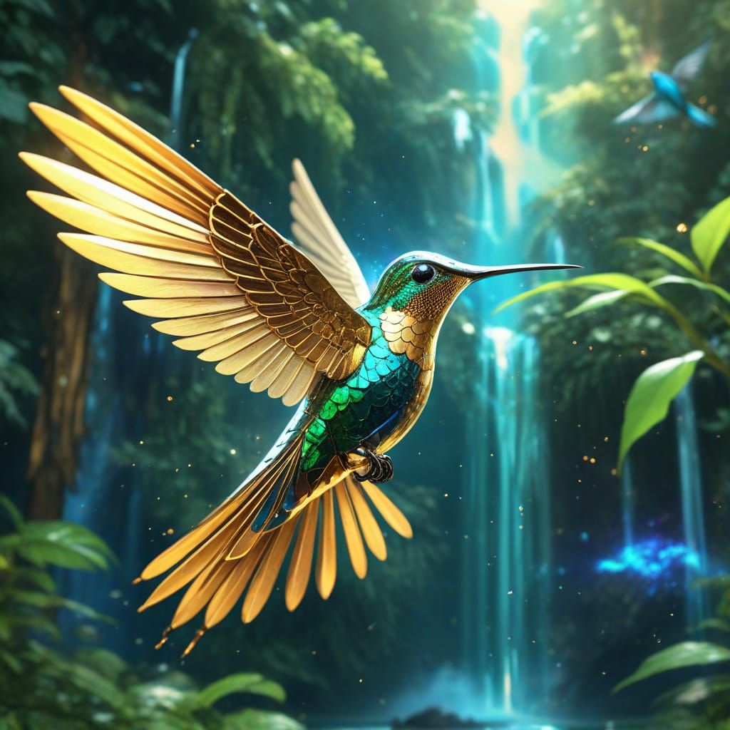 Golden metal wing. Ethereal transparent metal wing Gold hummingbird. Sweet. Deep green, lush forest. ...  by @Ladykardasi