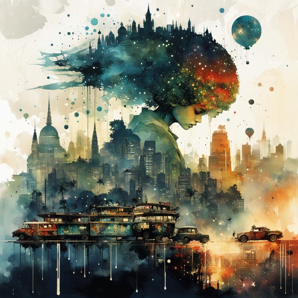 Galactic Princess Silhouette Amidst Cityscape and Nature