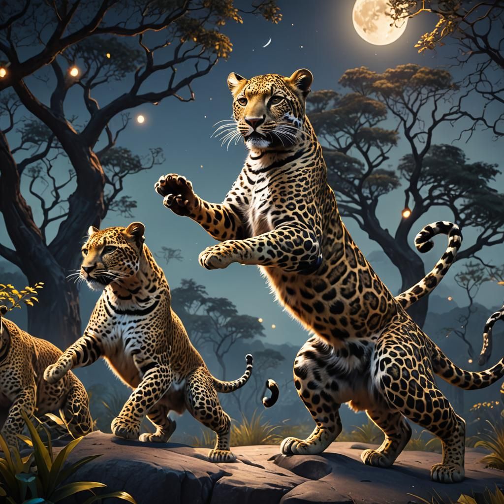 Dancing leopards in the moonlight