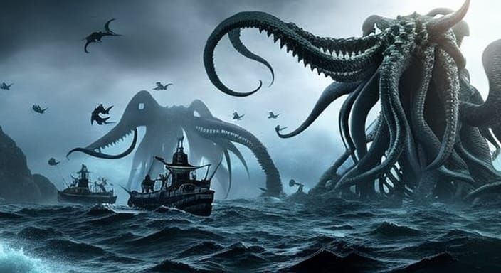 Two ships and two giant monsters in the sea - AI Generated Artwork ...