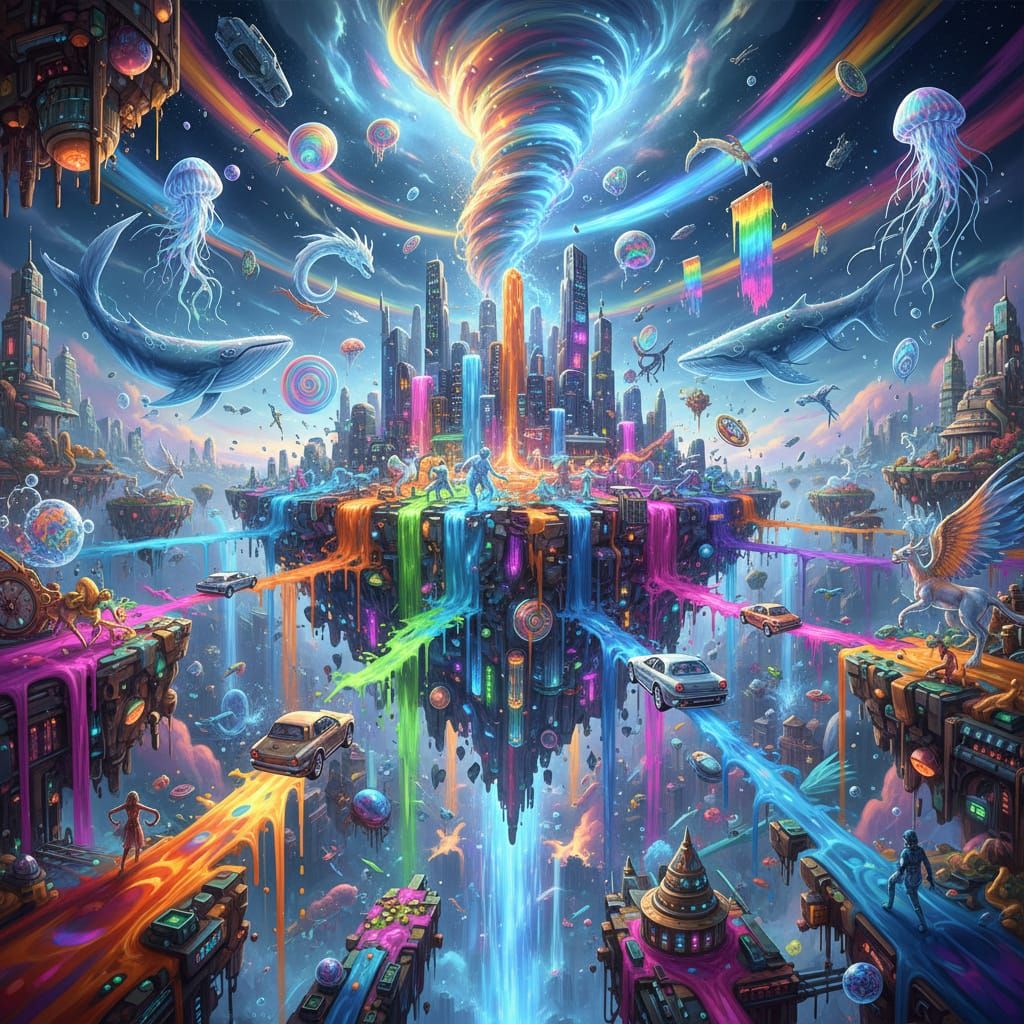"A hyper-surreal, gravity-defying floating multiverse entirely made of liquids – skyscrapers melting into rivers of glowing neon paint, stre...