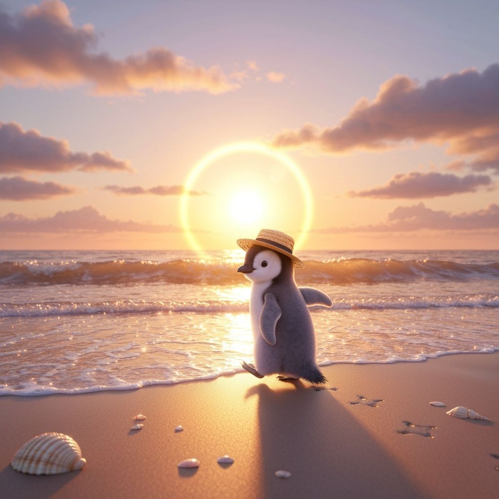 Baby Penguin on Golden Beach at Sunset